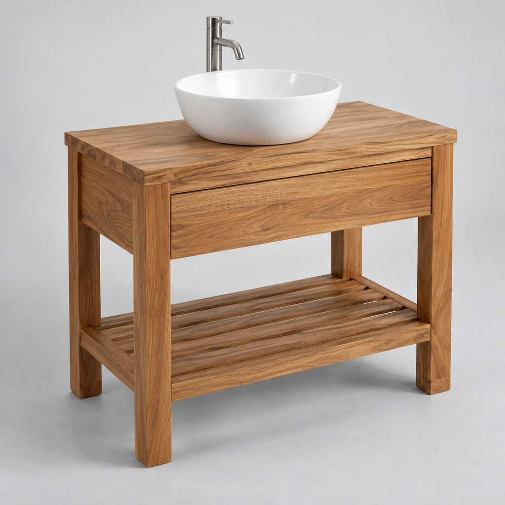 Teak-Badregal 160 cm – originale Detailansicht
